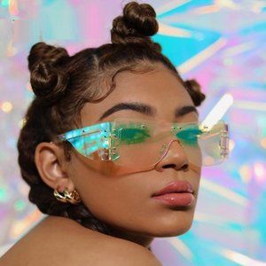 Women Rimless Sunglasses Oversized Flat Designer Single‎ Lens Retro Vintage